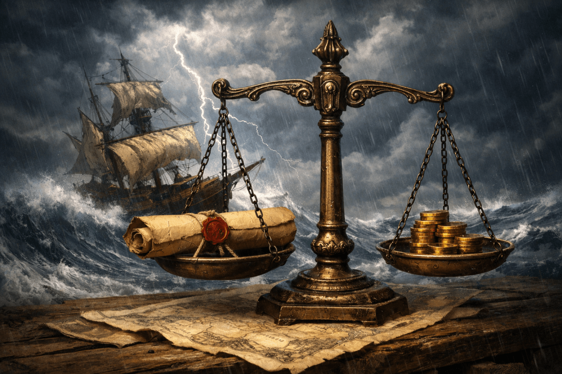 Antique balance scale weighing a sealed scroll against gold coins, with stormy sea and old sailing ship in background.