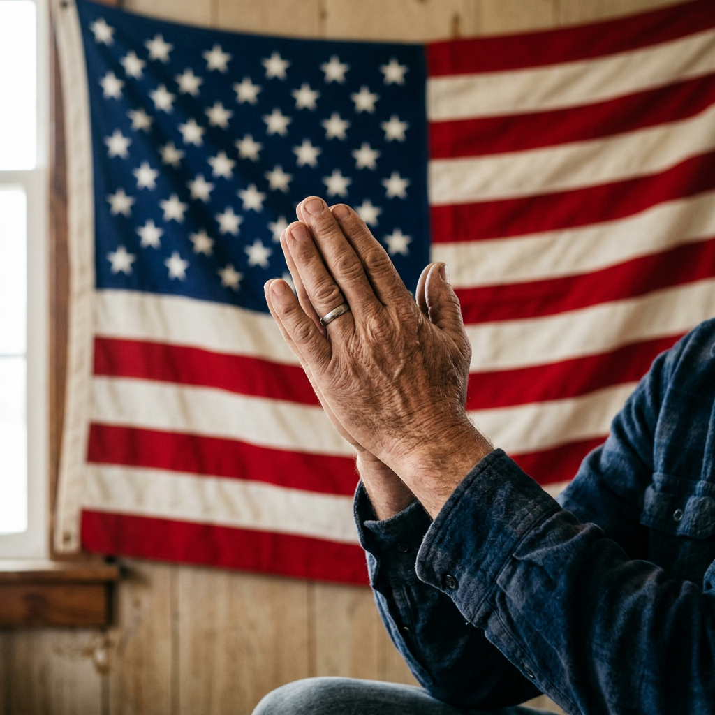 Hands clasped in front of American flag hanging on wooden wall