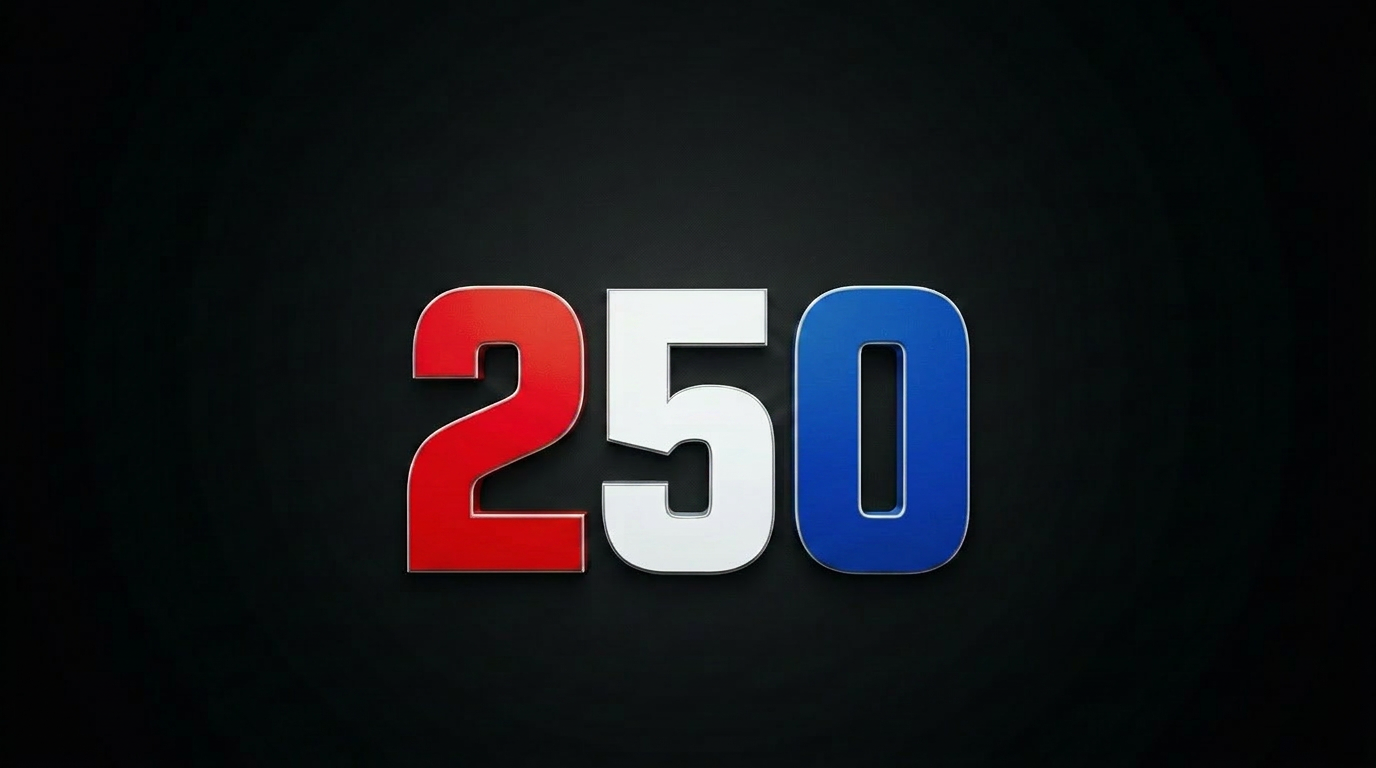 Text 'RED WHITE BLUE' above large number '250' in red, white, and blue colors