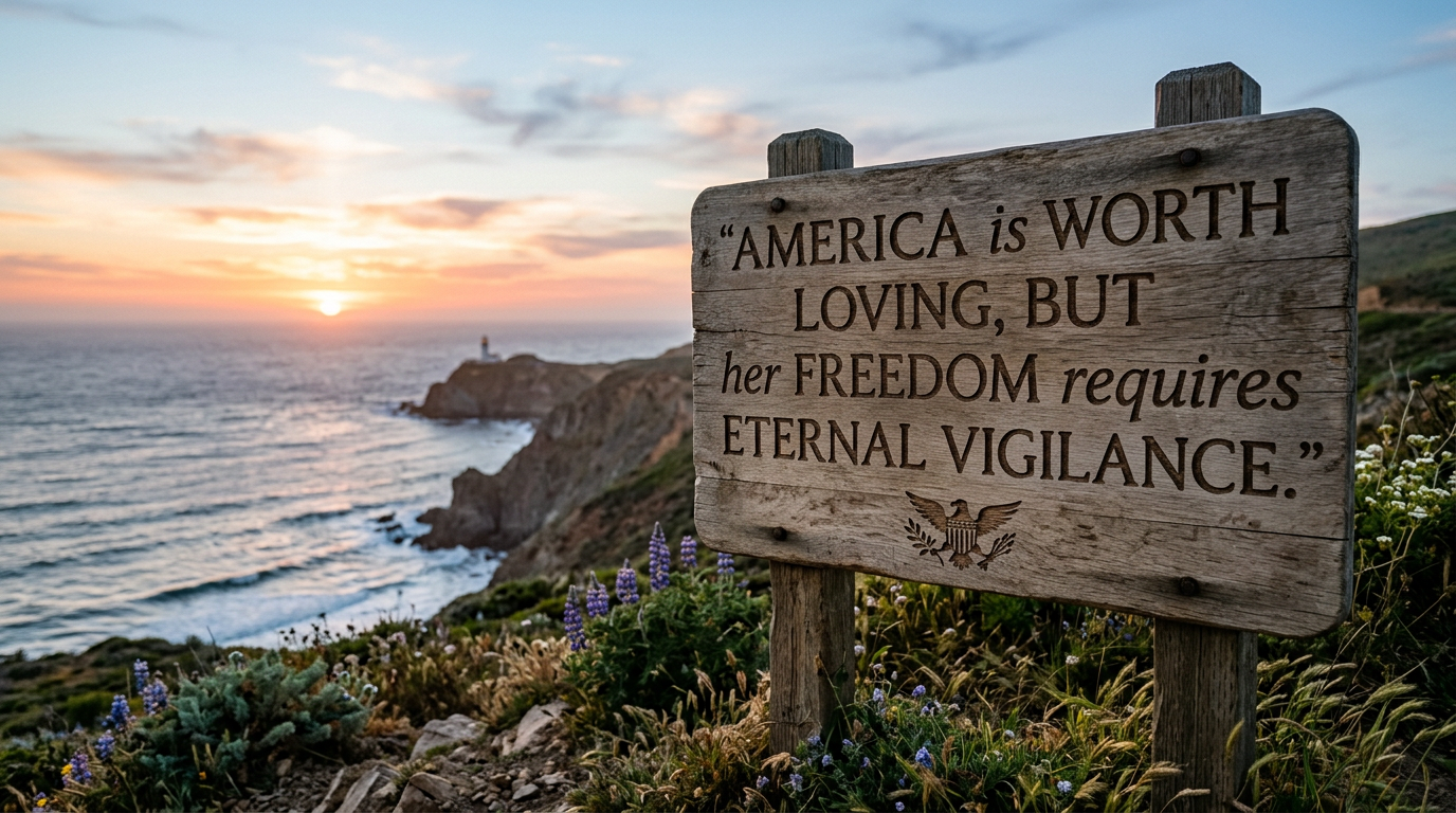 Wooden sign on coastal cliff at sunset with patriotic quote about freedom and vigilance