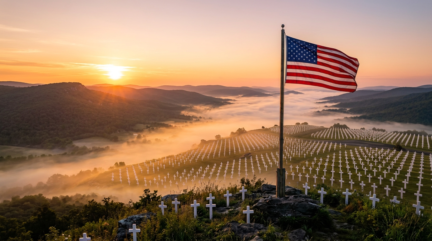 American flag on flagpole on mountain with misty valley and sunrise