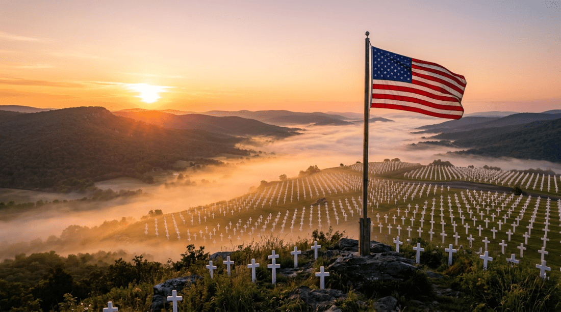 American flag on flagpole on mountain with misty valley and sunrise