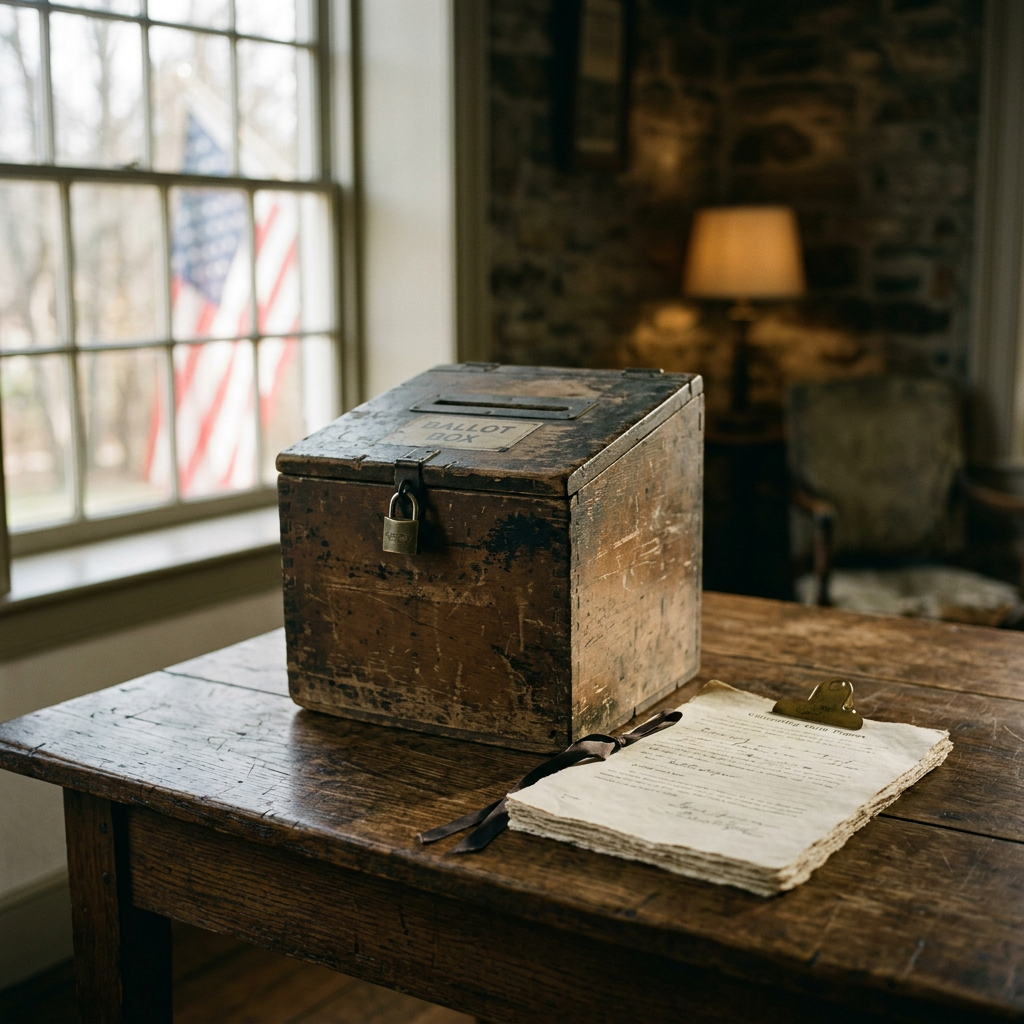 Weathered ballot box labeled BALLOT BOX beside a voting document