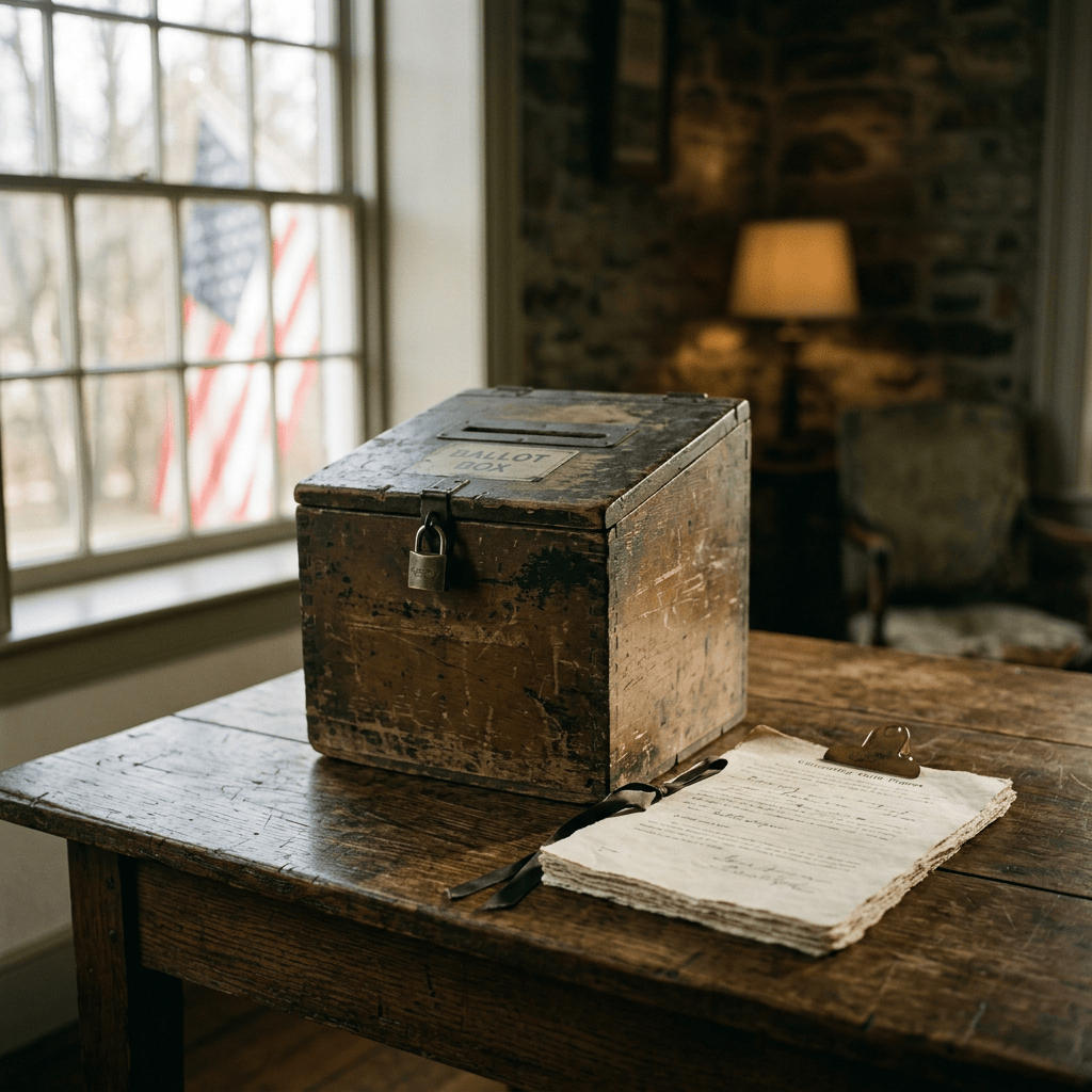 Weathered ballot box labeled BALLOT BOX beside a voting document