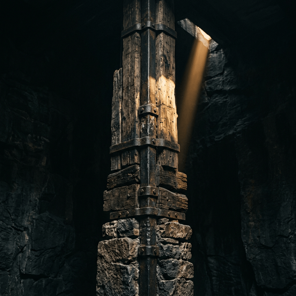 Weathered timber support reinforced with metal bands inside a dark stone passage